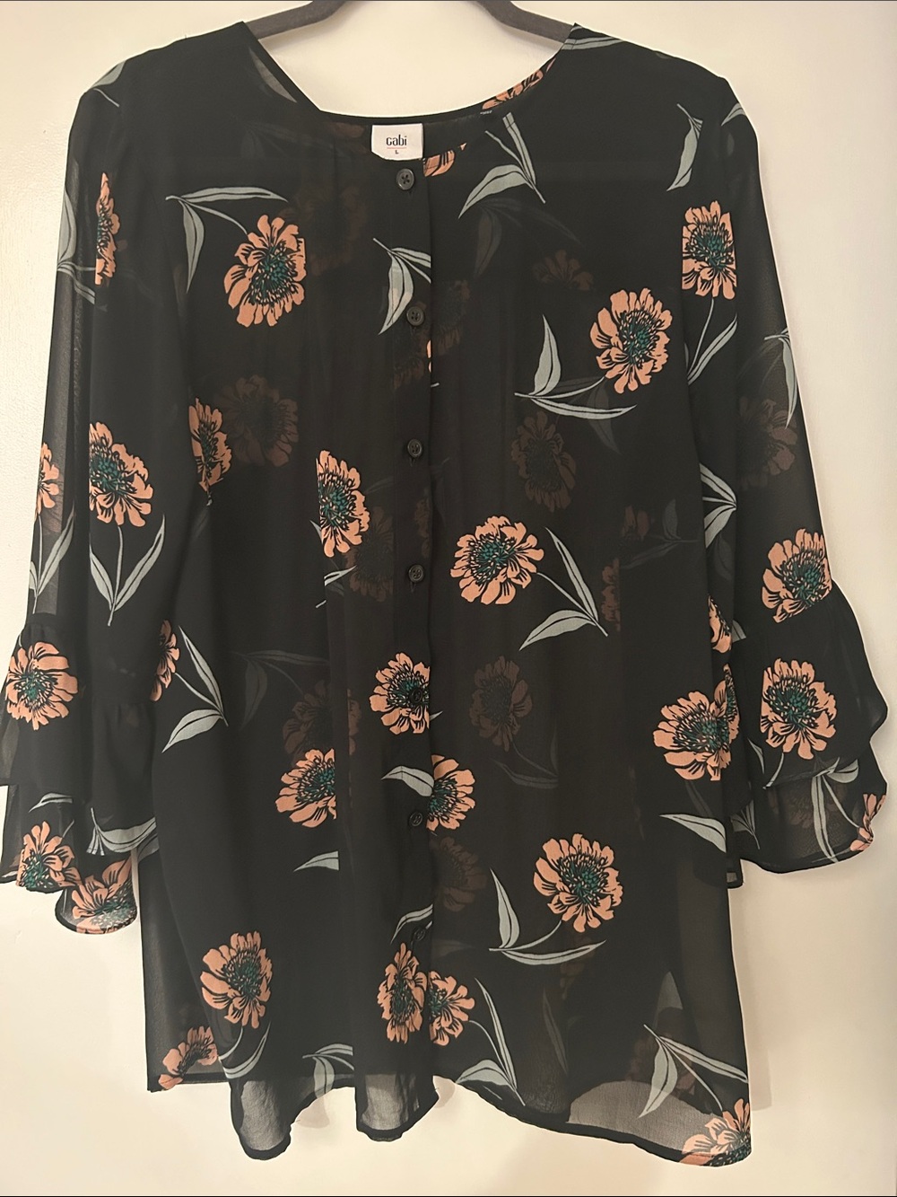 Late 2010’s Cabi La Di Da Sheer Black Floral Button-Front Sheer Blouse